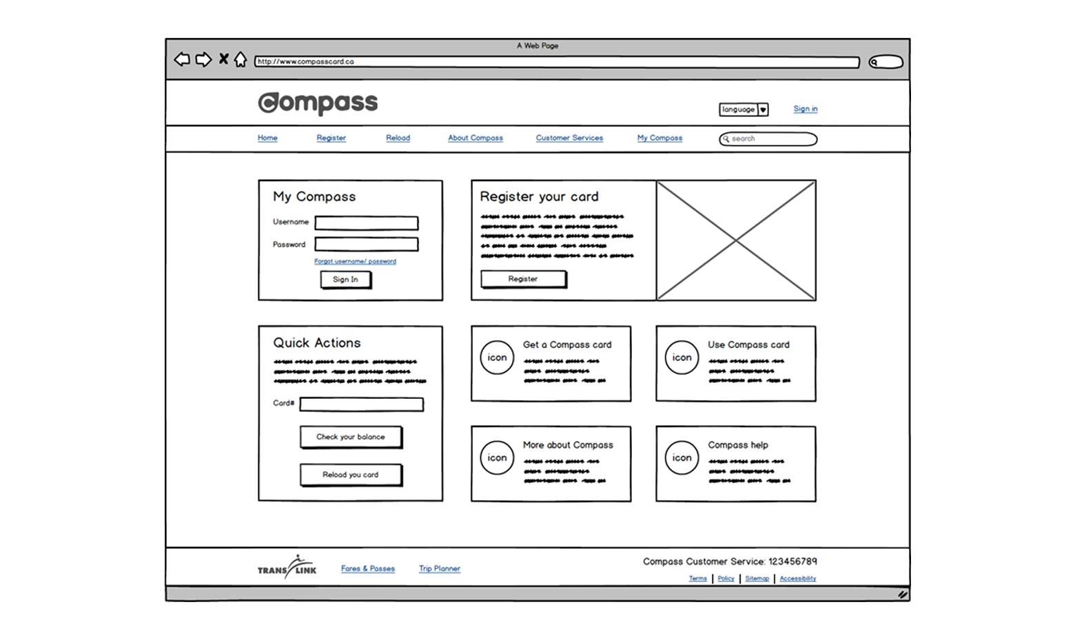 Compass homepage wireframe for desktop