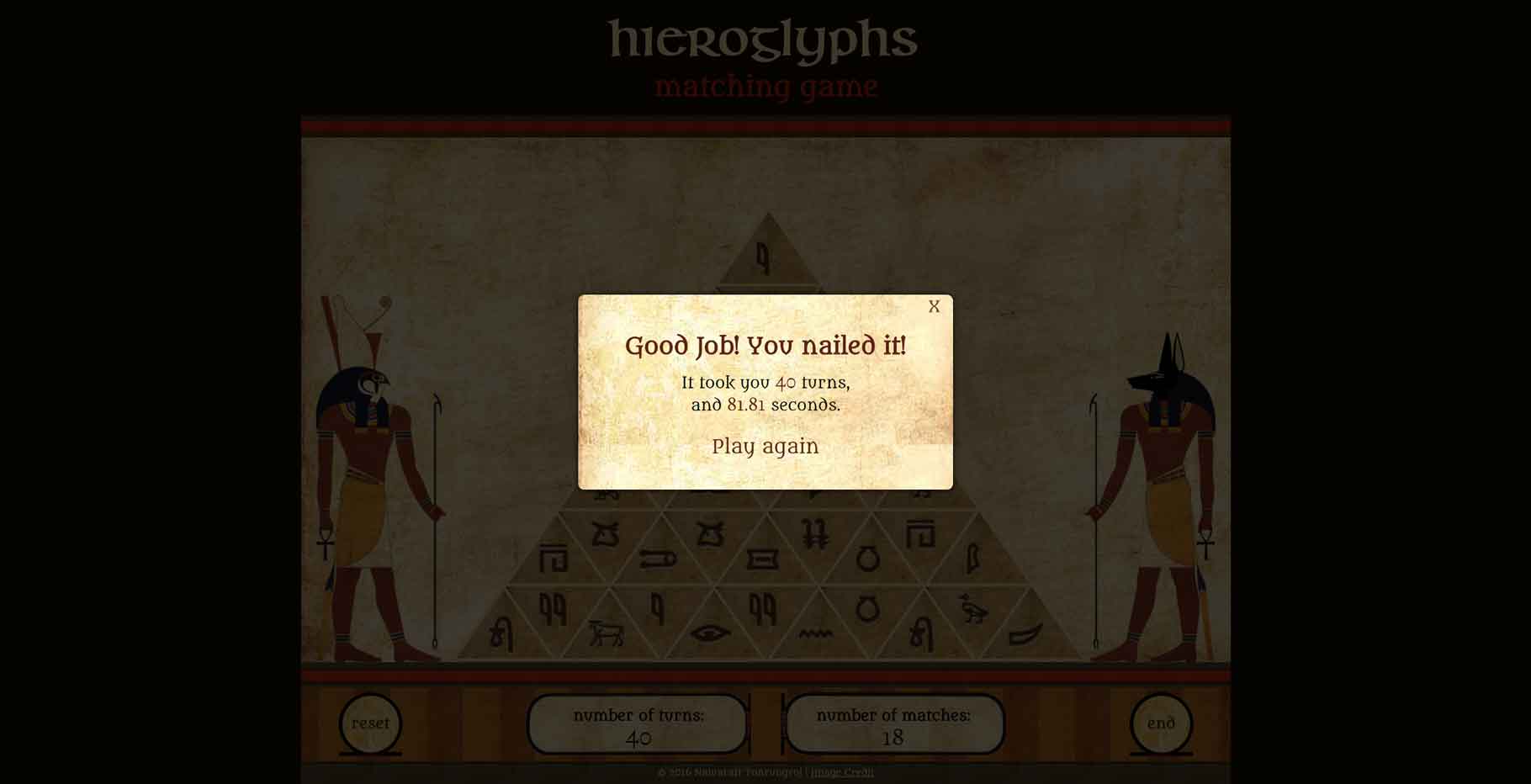 Hieroglyphs Matching Game screenshot – Finish