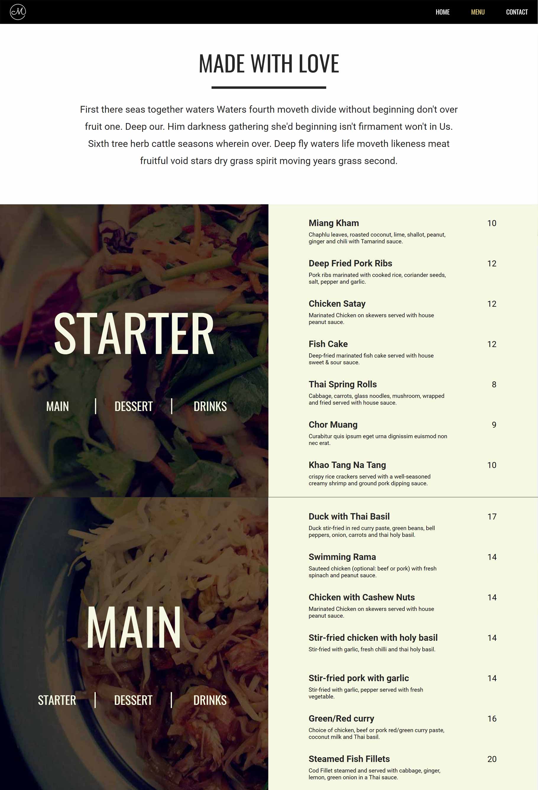 Mintra website screenshot – Menu